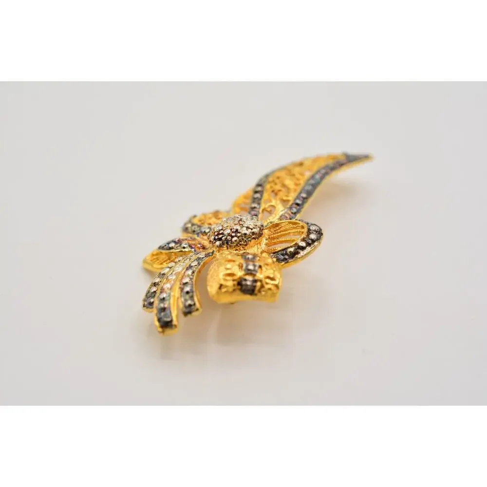 Vintage Flower Bow Pin Brooch Gold Silver Tone Antiqued Gunmetal Chunky 1980s 9B